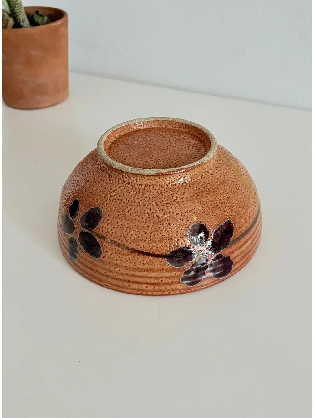 Kintsugi Stoneware Bowl Vintage Studio Pottery Speckled Hand Painted Florals